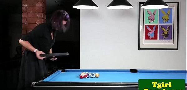  Busty trans trap tugs hard cock on pool table
